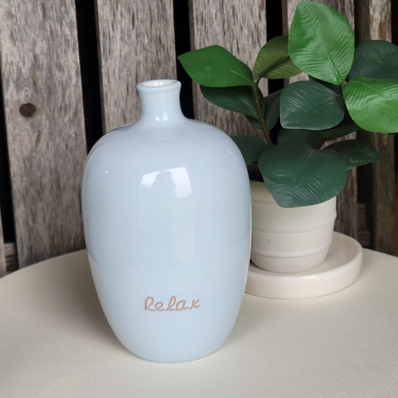 Grasslands Road Other - Grasslands Road Blue Ceramic Bud Vase with 'Relax' Inscription